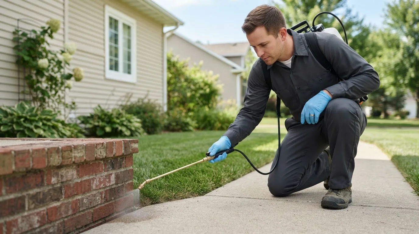 Pest control technician treating a home near Glencoe, OH