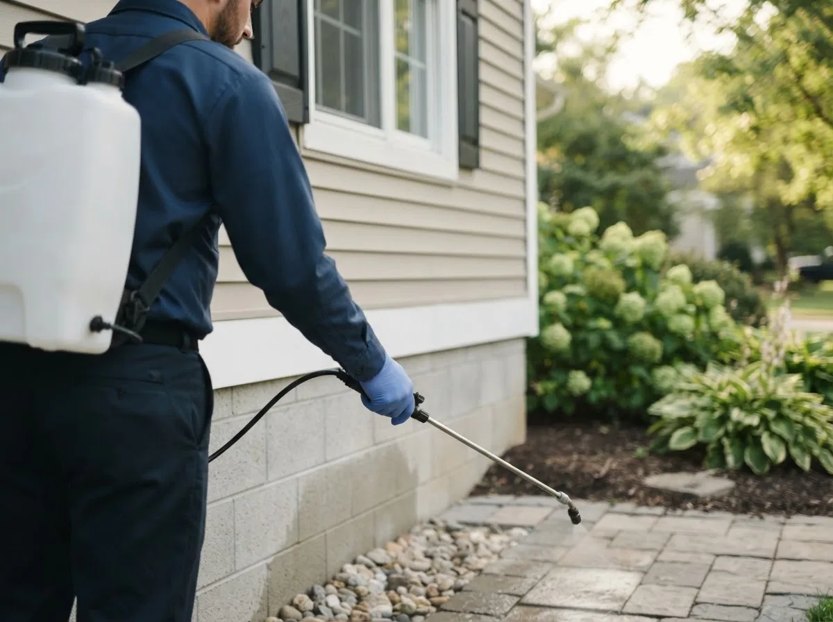 Pest control technician inspecting a home in Glencoe, OH